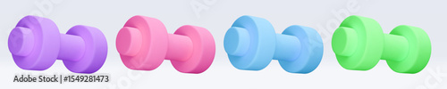 Blue, green, pink, purple, violet Dumbbell Realistic icon, 3d render. Isolated on white backround. Sport And Fitness design set. Vector illustration for shop, flyer, banner, web, advertising, sale