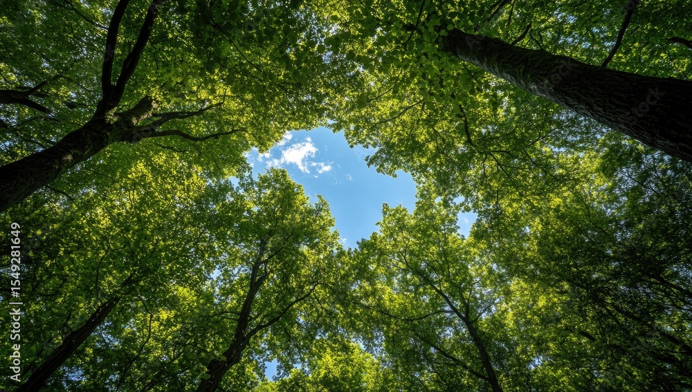 Fototapeta premium Lush green forest canopy with a glimpse of a bright blue sky