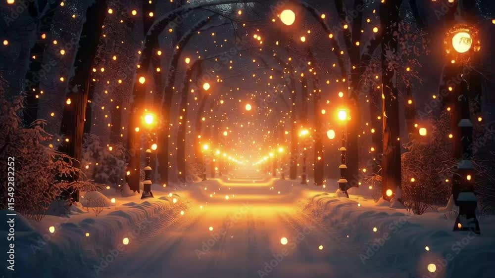 Snowy street illuminated by warm lights during winter evening stroll Snowy street illuminated by warm lights during winter evening stroll