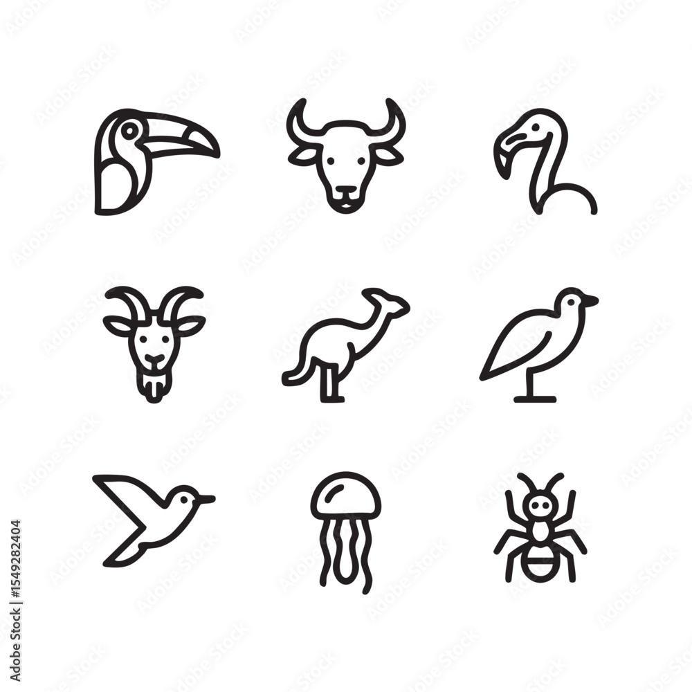 Diverse Animal Icons Line Art Collection of Toucans, Bulls, Flamingos, and More Diverse Animal Icons Line Art Collection of Toucans, Bulls, Flamingos, and More
