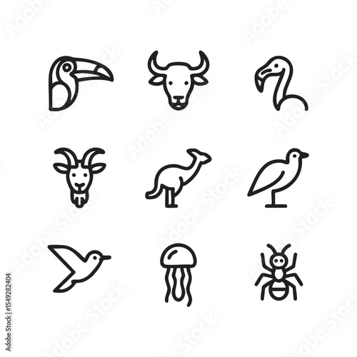 Diverse Animal Icons Line Art Collection of Toucans, Bulls, Flamingos, and More