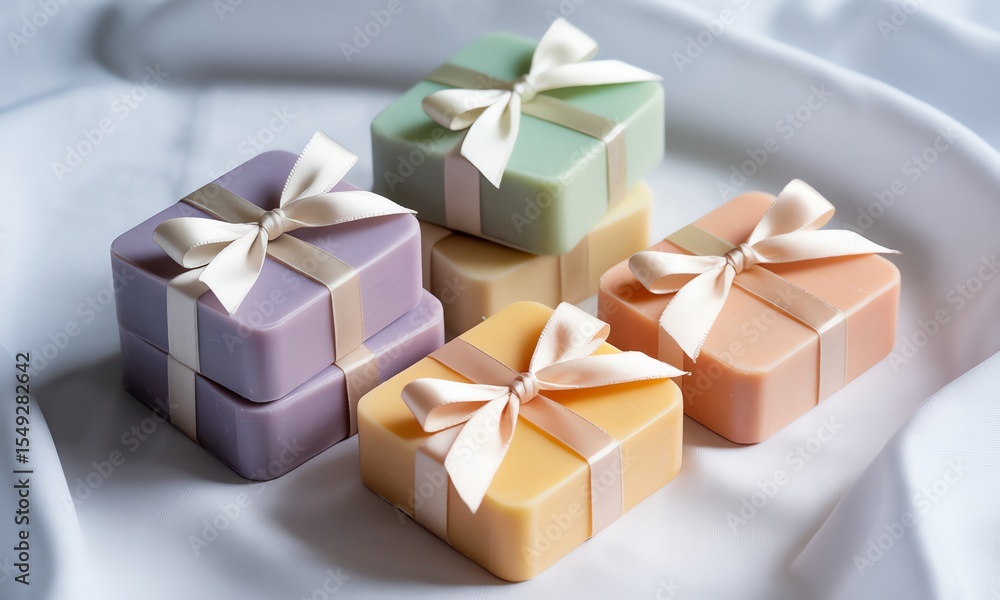 Colorful soaps with ribbons on draped fabric Colorful soaps with ribbons on draped fabric
