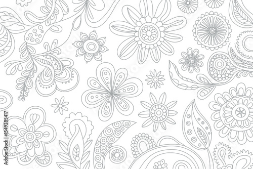 A black and white coloring page featuring a variety of floral and paisley designs scattered randomly
