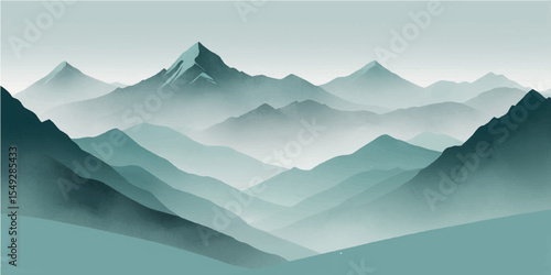 Snowy mountain peaks emerge from misty valleys under a serene blue sky, creating a breathtaking winter landscape