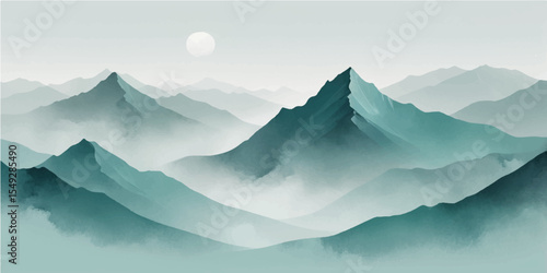 Snow-capped mountains pierce the morning mist, a serene landscape under a vast, blue sky