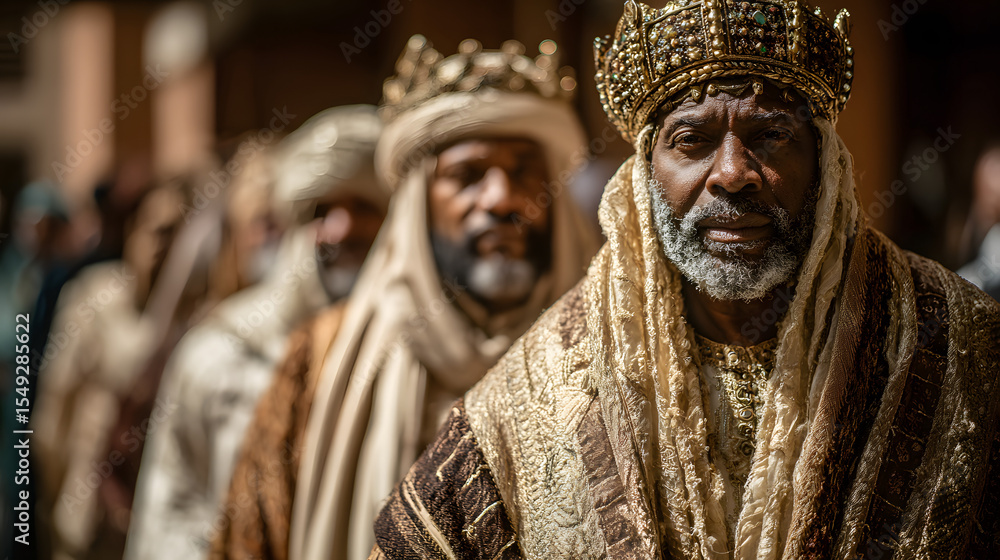 A grand Epiphany procession in a village, with participants dressed in regal robes and carrying gifts, recreating the journey of the Three Kings A grand Epiphany procession in a village, with participants dressed in regal robes and carrying gifts, recreating the journey of the Three Kings