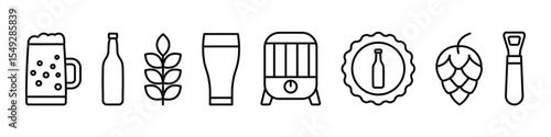 Beer line icons set. Bottle, glass, pint, keg. Vector