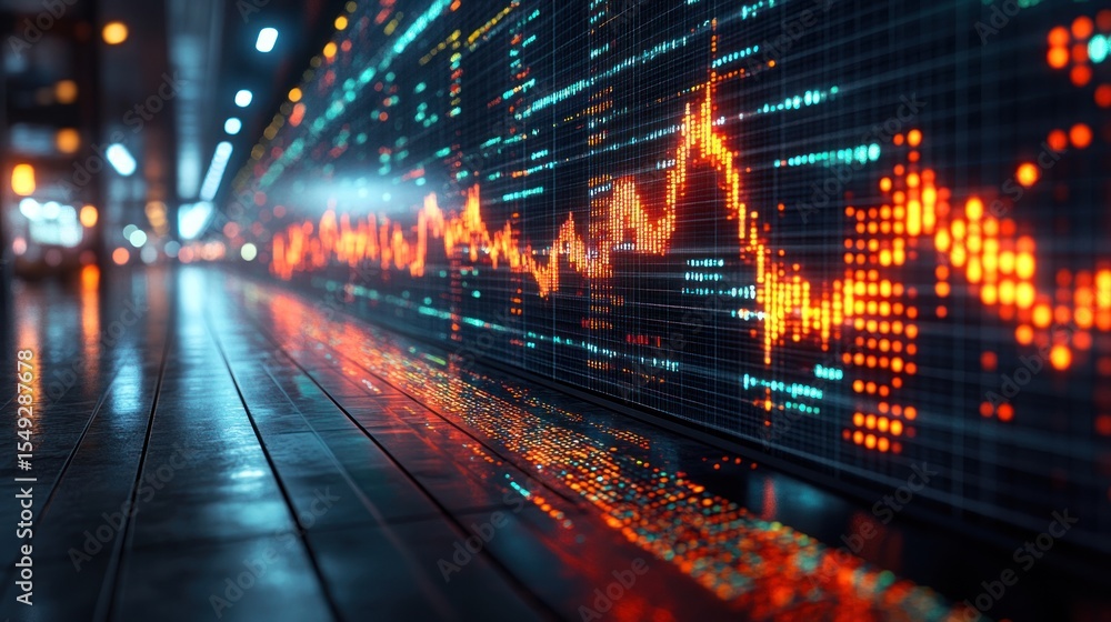 Fototapeta premium Financial data visualization displayed on a digital screen in an urban environment