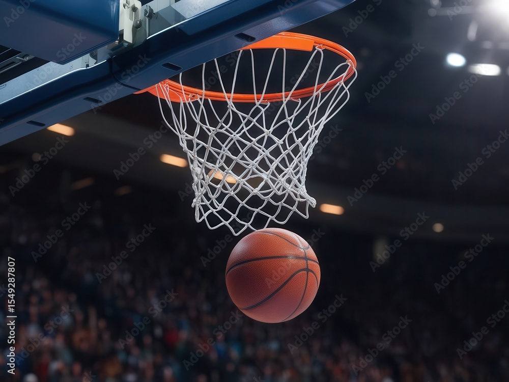 Basketball soars toward the hoop in a stadium with blurred spectators Basketball soars toward the hoop in a stadium with blurred spectators