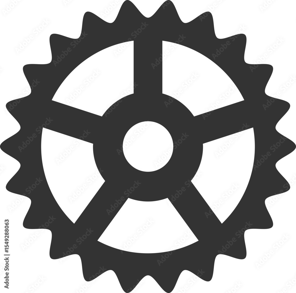Obraz premium A minimalist graphic A dark gear icon isolated on white. Symbolizes mechanics, technology, or process. Perfect for digital design, presentations, or interface elements.