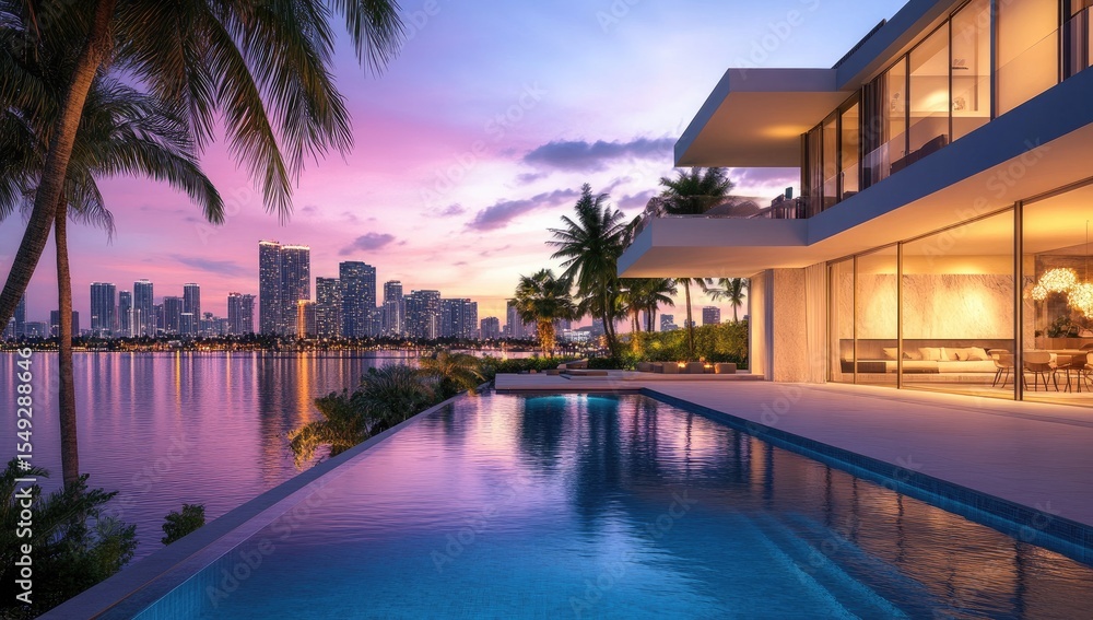Fototapeta premium Modern waterfront home at sunset