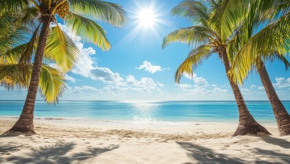 Deken met foto Palmboom Tropisch strand palmbomen turquoise zee zomerlicht  © Sitti