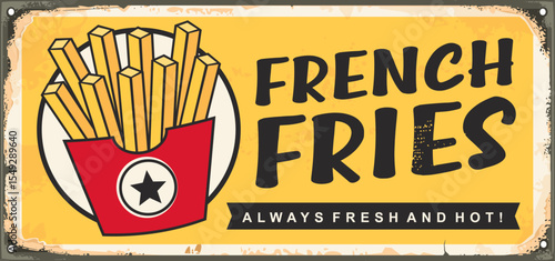 French fries retro advertising sign for fast food restaurants. French fries vector illustration.