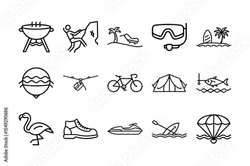 Line Art Icons Representing Outdoor Activities Travel and Recreation on White Background