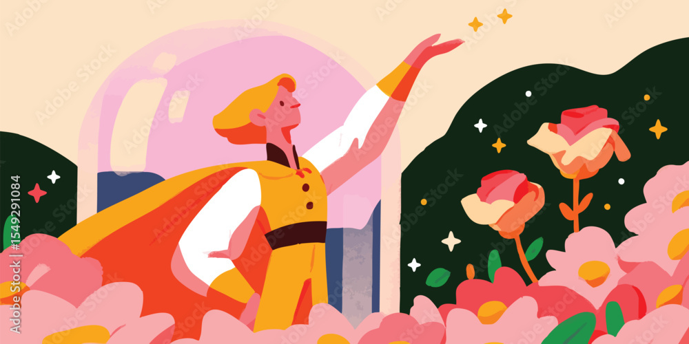 A figure, a modern hero, is reaching out, stars, floral, a hero or leader ready to make a difference, with a bold, heroic posture. Capturing the essence of courage and hope. A figure, a modern hero, is reaching out, stars, floral, a hero or leader ready to make a difference, with a bold, heroic posture. Capturing the essence of courage and hope.