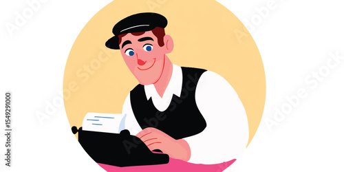 An illustration captures a man diligently typing on a vintage typewriter, embodying the charm of classic writing tools, with a focus on communication, creativity, and traditional craft.