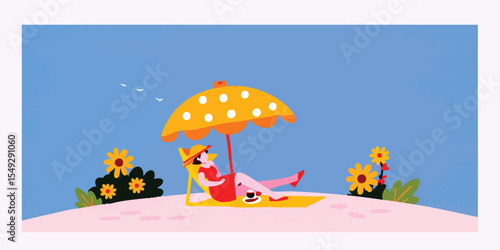 A serene woman relaxes under a sunny umbrella, enjoying a leisurely beach vacation, epitomizing the bliss of a tropical escape.