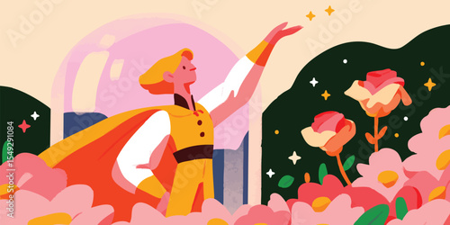 A figure, a modern hero, is reaching out, stars, floral, a hero or leader ready to make a difference, with a bold, heroic posture. Capturing the essence of courage and hope.