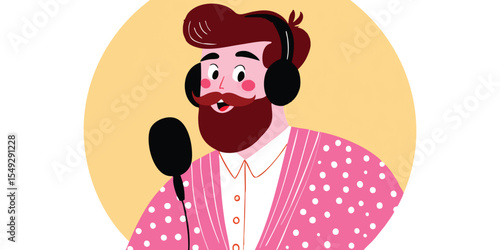 A vibrant illustration of a man recording with a microphone, wearing headphones. Capturing the essence of podcasting, audio production and communication. 