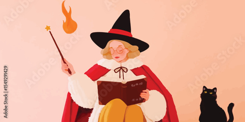 An enchanting illustration of a witch with a black cat, creating a whimsical and spellbinding image for fantasy lovers.