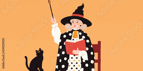 A whimsical witch in a stylish outfit conjures magic. With a black cat beside her and a vibrant orange backdrop, she embodies Halloween enchantment.