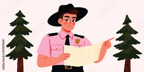 A park ranger in uniform consults a map amidst a serene forest setting.