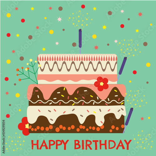 Cheerful happy birthday celebration with cake, confetti, and colorful decoration, celebrating a special milestone event