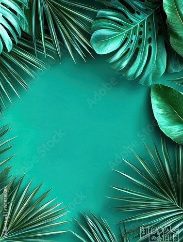 Tropical Green Leaves on Abstract Teal Background for Design Use