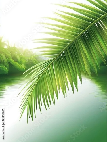 Lush Green Palm Leaf Over Serene Water with Soft Light Reflection