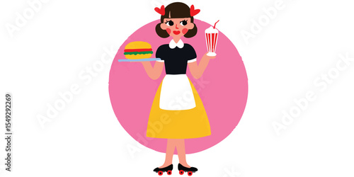 A stylized vintage waitress, rendered in a cartoonish style, cheerfully carries a tray with a hamburger and milkshake, set against a vibrant backdrop.