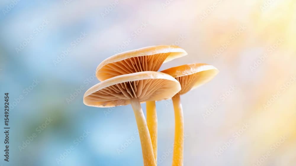 environmental conservation technology, nature and sustainable concept.Three light brown mushrooms with delicate gills are shown in close-up against a softly blurred pastel background. environmental conservation technology, nature and sustainable concept.Three light brown mushrooms with delicate gills are shown in close-up against a softly blurred pastel background.