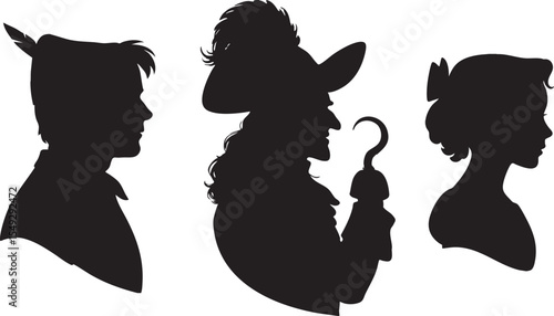 Fantasy characters silhouette. Fairy Boy, Pirate and Woman. Captain with a hook. Classic Literature. Silhouettes of Fantasy Adventure Characters. Shadow Figures from a Classic Magical Tale