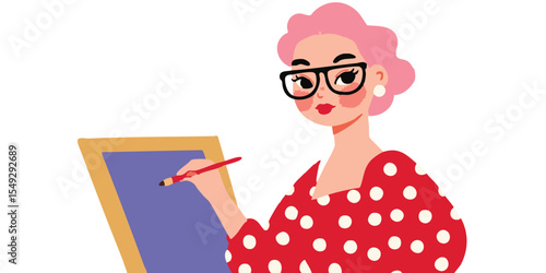 An artist with rosy hair, a dotted dress and glasses, diligently sketching. Perfect for projects focused on creativity, art, and artistic expression. 