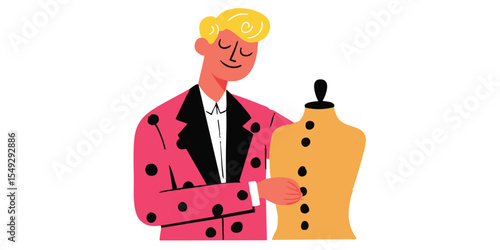 A fashion designer in the creative design process, with a tailored dummy in a studio, showcasing expertise and the art of dressmaking.