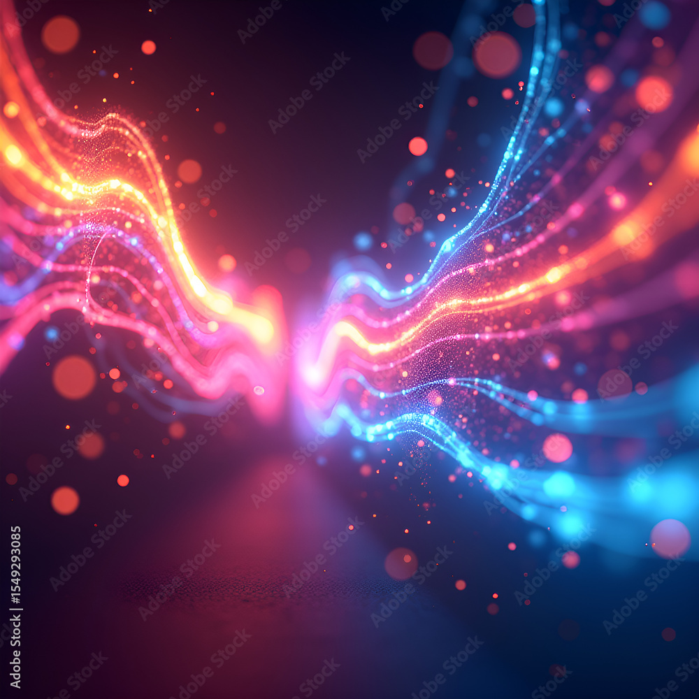 Fototapeta premium Energetic streaks of light in pastel pink, bright cyan, and bright amber radiate from the middle of a dark void, producing a mesmerizing display of flowing, radiant electricity