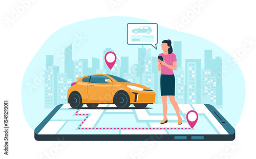 Woman looking at smartphone screen while searching for rental car against city background. Concept illustration of car rental service. Vector illustration.