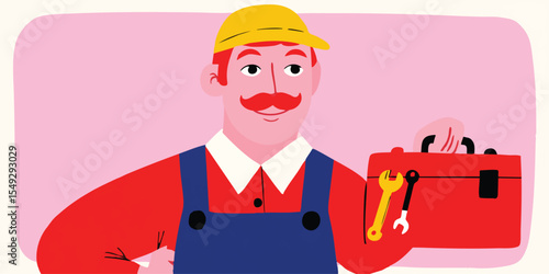 A cheerful tradesman confidently holds his toolbox, showcasing a colorful, clean illustration. capturing a professional persona.