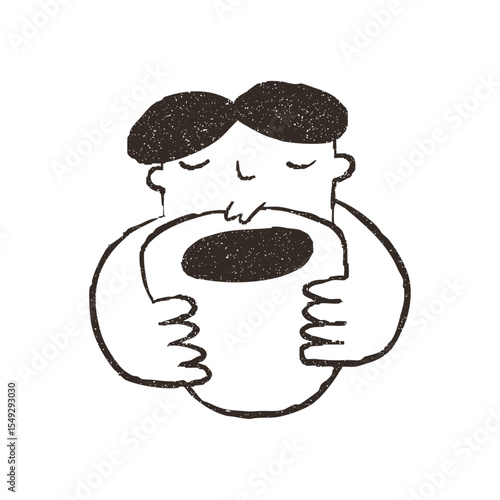 Man holding big cup of coffee, hand drawn doodle, vector illustration isolated on white background. Outline sketch style with grunge vintage texture. Guy hugs mug, cafe concept.