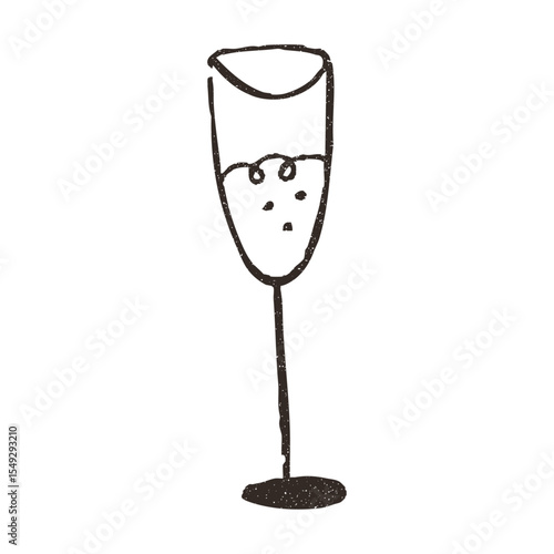 Champagne glass, vector illustration isolated on white background. Outline sketch style with grunge vintage texture. Cafe and restaurant concept.