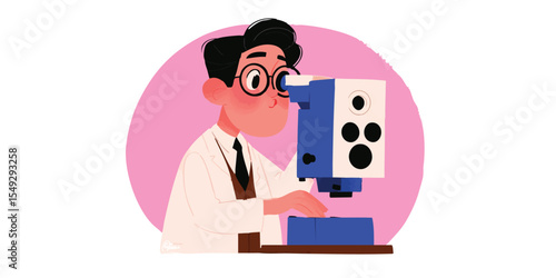 A determined scientist peers intently through a high-powered microscope, meticulously analyzing a sample to unravel scientific mysteries in a focused lab illustration.