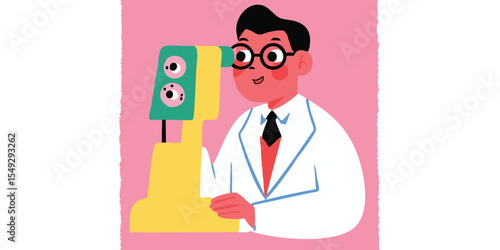 A smiling scientist wearing glasses examines a microscope with focused enthusiasm, dressed in a lab coat, exploring the realms of science and discovery.