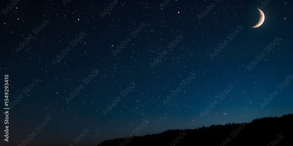 Naklejka premium A magical night sky with glowing stars and a crescent moon, ample copy space