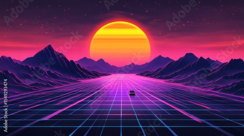 Retro futuristic landscape with a car