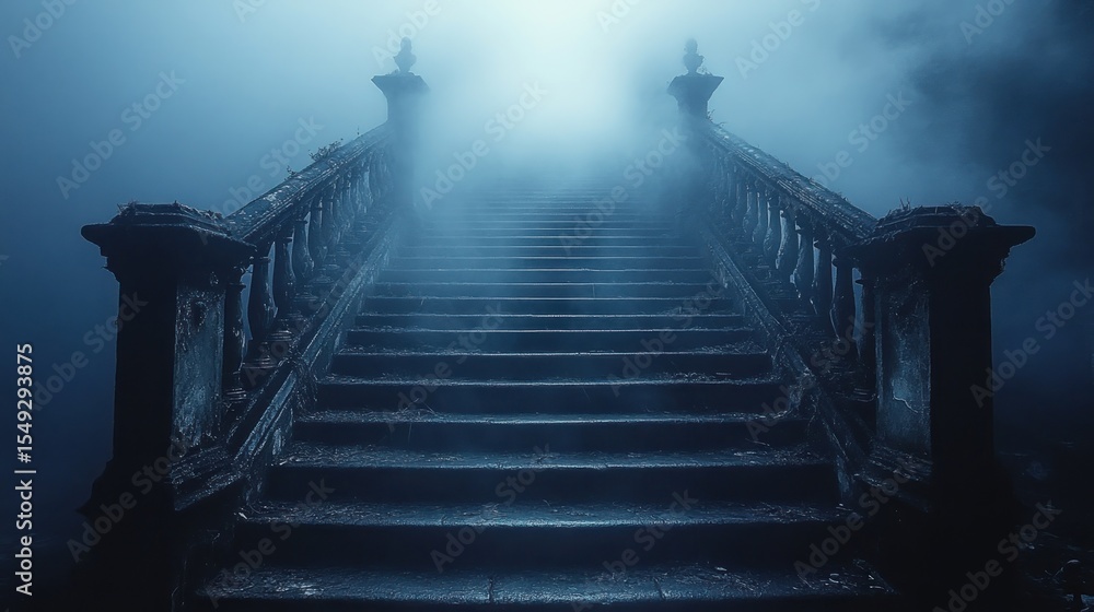 Fototapeta premium Mysterious Staircase Ascending into the Fog, Leading to the Unknown
