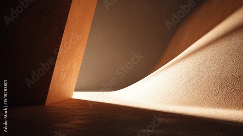 Interior architectural scene, warm earthy tones, angled light beams