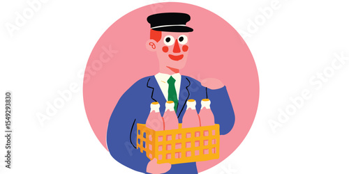 An illustrated milkman stands proudly, holding a crate of refreshing pink milk bottles. Capturing his friendly demeanor.