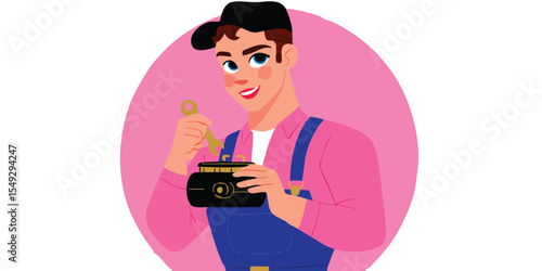 A skilled artisan in a stylish outfit meticulously works on a camera, bathed in a soft pink glow, capturing the essence of creativity.