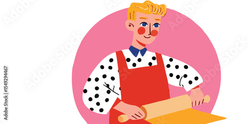 A cheerful young man diligently rolls out dough, captured in a delightful illustration style, radiating warmth and domestic charm. 
