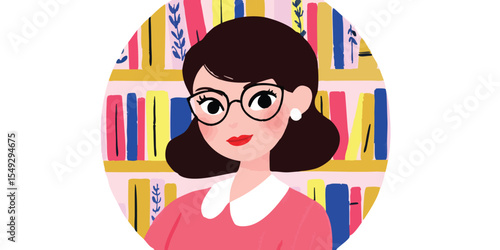 An illustrated librarian exudes intelligence and charm, her smiling eyes speak volumes as she stands before a vibrant bookshelf, evoking a sense of wisdom and literary delight.