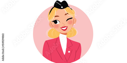 A charming retro illustration of a smiling flight attendant in a vintage-style uniform, with blonde hair and a playful wink, evokes the golden age of air travel. 